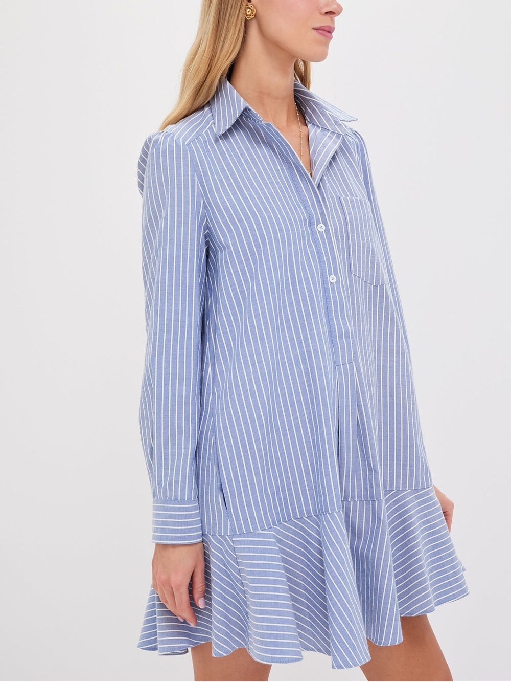 Tuckernuck Callahan Blue Stripe Long Sleeve Ruffle Hem Shirt Dress Medium